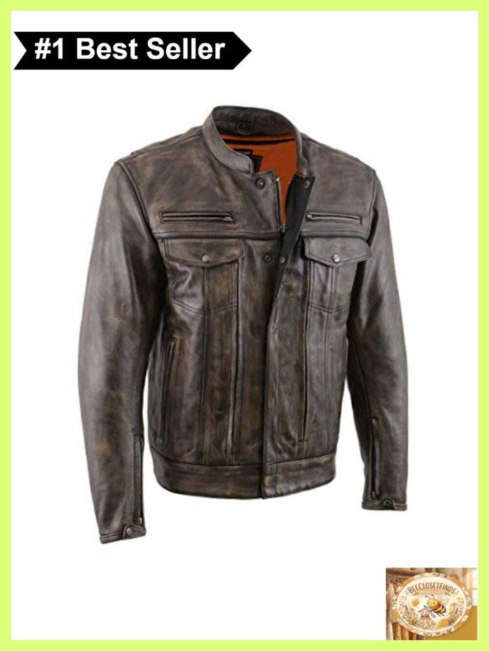 Men's Real Leather Scooter Motorcycle Jacket Utility Pockets Zip Liner